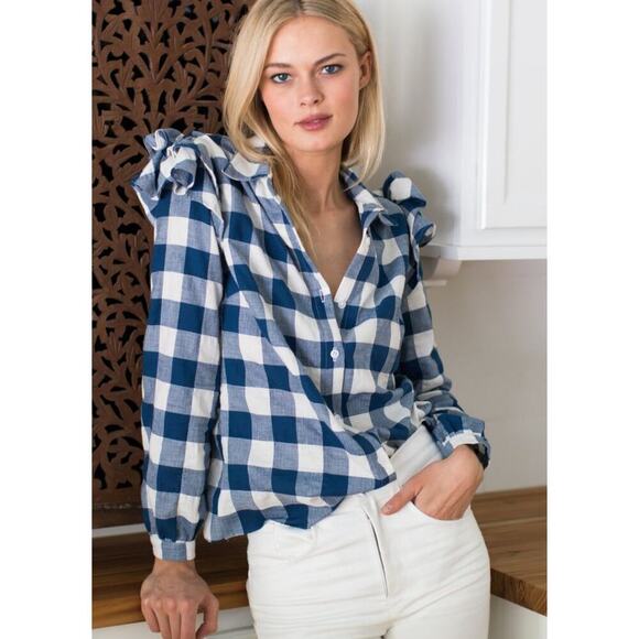 Emerson Fry Tops - Emerson Fry Sanibel Ruffle Gingham Top Blue Size Small